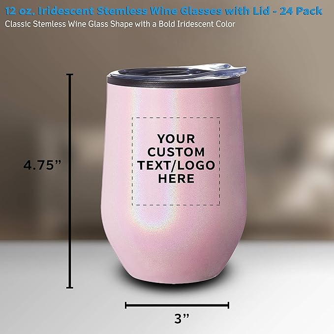 Custom Palmera Stemless Wine Tumblers with Lids 12 oz. Set of 24, Personalized Bulk Pack - Perfect for Wine, Cocktails, Other Hot & Cold Beverages - Iridescent Pink