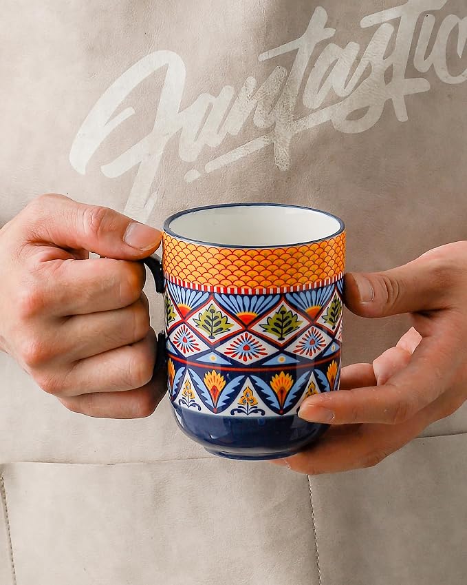 HENXFEN LEAD Boho Ceramic Coffee Mugs Set of 6, 14 oz | Assorted Patterns, Ideal for Coffee, Tea, Latte & Hot Cocoa, Microwave & Dishwasher Safe, Lead-Free Glaze - Image 6