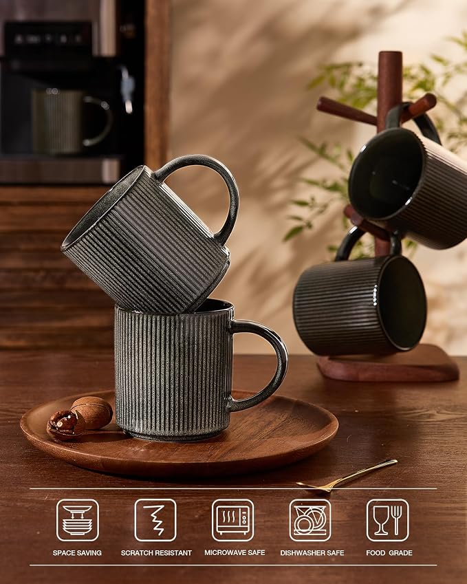 famiware Coffee Mug Set for 4, Star 16 oz Catering Mugs Cup Set with Handle for Coffee, Tea, Cocoa, Milk - Ceramic Stoneware Drinkware Set, Deep Forest - Image 7