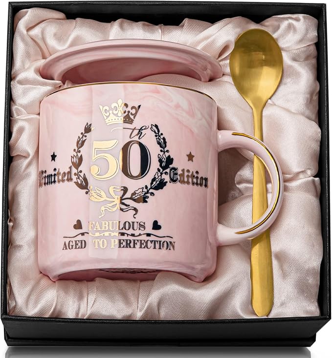 50th Birthday Gifts for Women Her,Fabulous 50 Aged to Perfection Coffee Mug | 14oz Pink Marble Gold Pattern Mug, Gifts Idea for 50 Year old Women Mom Wife Daughter Sister Friends Aunt Nice, Gift Boxed by Biching