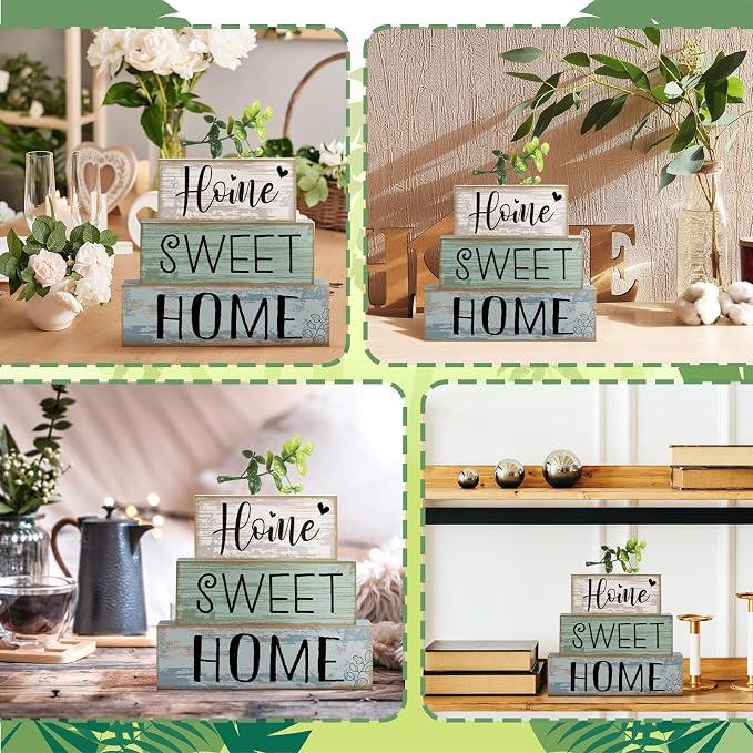 Moucuny 4 Pcs Farmhouse Wooden Table Decor Rustic Home Sweet Home Stacked Blocks Sign Decoration Farmhouse Eucalyptus Leaves Tiered Tray Decor for Kitchen Mental Shelf Coffee Bar - Image 4