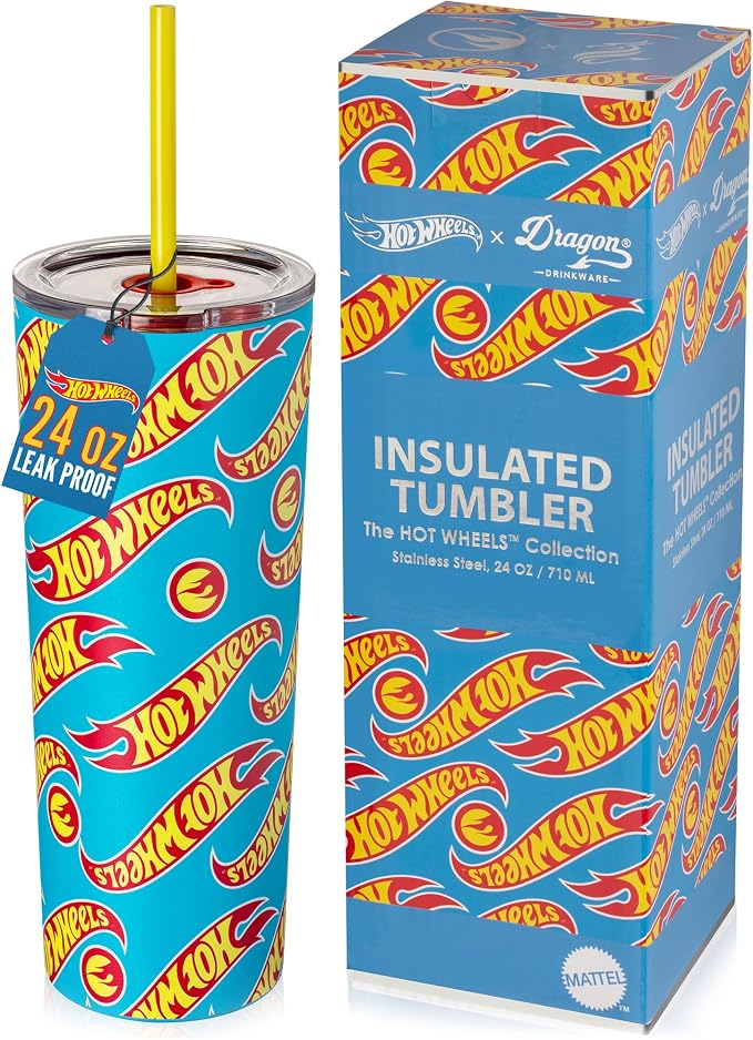 Dragon Glassware x Hot Wheels Tumbler with Straw, 24 oz - Race Team | Vacuum Insulated Stainless Steel Tumbler with Straw & Lid; Double Walled Tumbler with Straw; Hot Wheels Cup with Lid by DragonGlassware