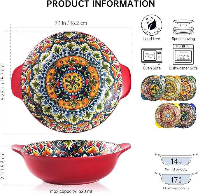 Henten Home Ceramic Soup Bowls Set, 14 oz Cereal Bowl Set of 6, Small Dessert Bowls with Handle, Boho Serving Bowls Set for Kitchen, Snack, Salad, Microwave & Dishwasher Safe - Image 2