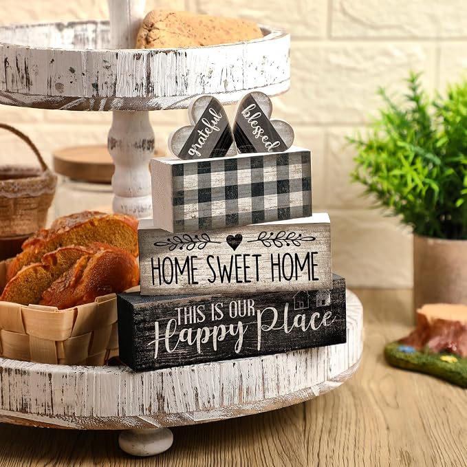 Moucuny 4 Pcs Farmhouse Decor Black and White Farmhouse Tiered Tray Decorations Home Sweet Home Table Centerpiece Wooden Blessed Heart Rustic Checked Kitchen Decor and Accessories Block Sign for Shelf - Image 5