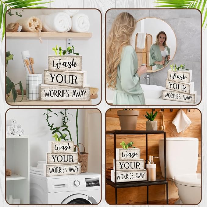 Moucuny 4 Pcs Farmhouse Laundry Room Decor Stacked Blocks Wash Your Worries Away Sign Funny Bathroom Shelf Decor and Accessories Rustic Eucalyptus Leaves Block Signs for Home Bathroom Toilet Washroom - Image 4