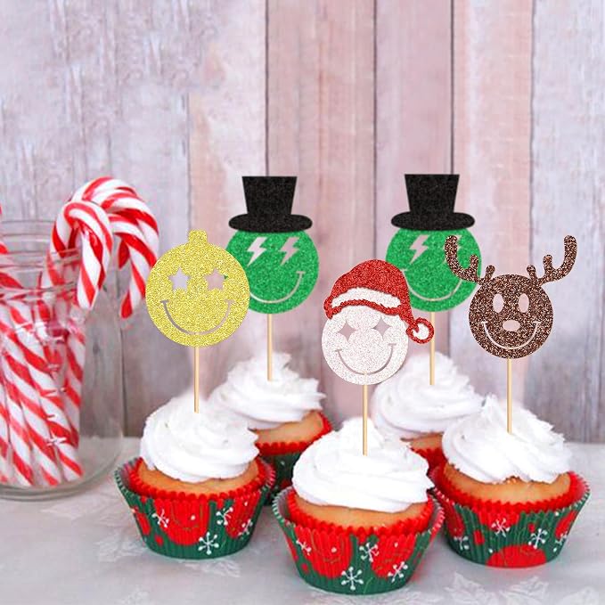 24 Pack Christmas Cupcake Toppers -Antler、Disco Ball、Santa's Hat、Picks Merry Christmas Theme Holiday Baby Shower Birthday Party Cake Decorations Supplies - Image 2