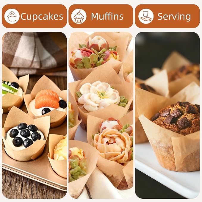 200pcs Natural Tulip Cupcake Liners, Premium Muffin Liners Holders for Baking Cups, Greaseproof Cupcake Wrappers in Standard Size, Classic Parchment Paper Cupcakes Liner by JIRNGLA - Image 3