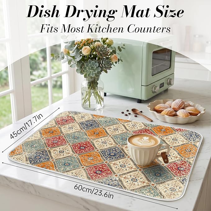 Bohemian Vintage Dish Drying Mat for Kitchen Counter Coffee Bar 18x24 in | Decorative Non Slip Absorbent Kitchen Dishes Drainer Mat, with Anti-slip Rubber Backing & Hanging Loop, for Sink, Home Gift - Image 2