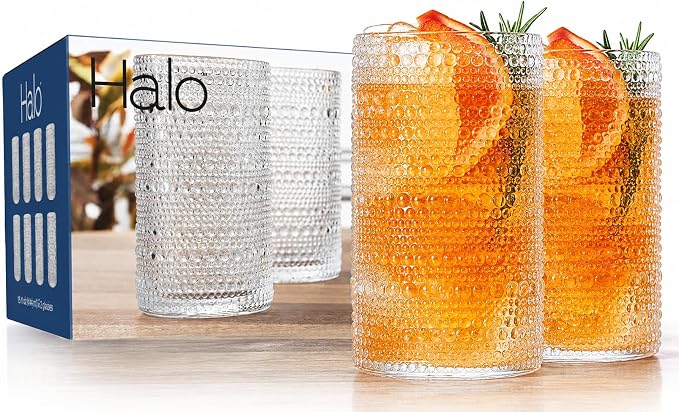 Highball Glasses Hobnail, Set of 8, Textured Embossed Beaded Design, 15.2 oz Cocktail Cooler Drinking Glassware Elegant Everyday Home Dinner Bar - Image 7