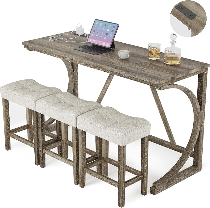 allamazing 4-Piece Counter High Bar Table Set with Socket and 3 Fabric Padded Bar Stools, Tall Kitchen Breakfast Nook with Stool (1+3 Natural) by allamazing