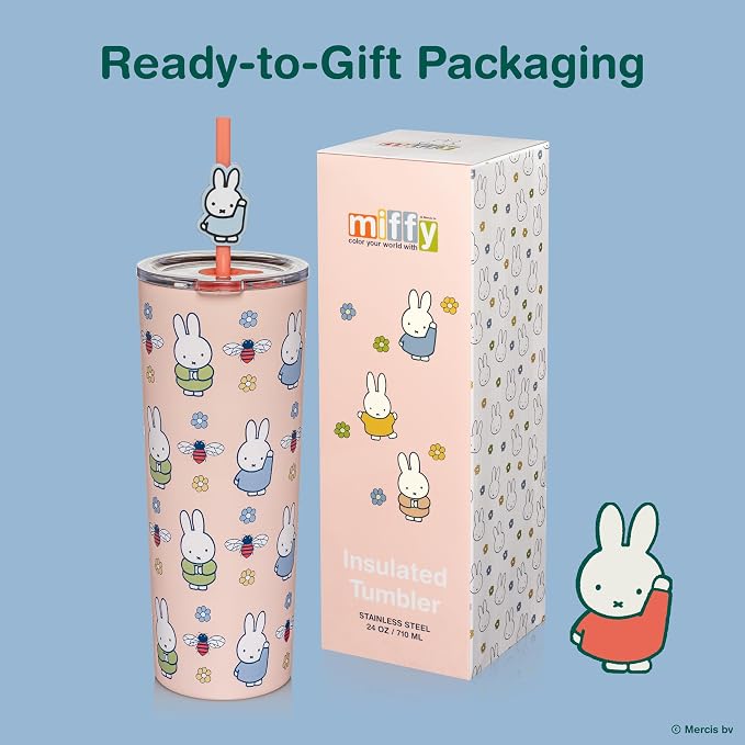 Dragon Glassware | Miffy Stainless Steel Tumbler with Straw, 24 oz - Pink | Vacuum Insulated Stainless Steel Tumbler with Straw & Lid; Double Walled Tumbler with Straw Charm; Miffy Cup with Lid - Image 6