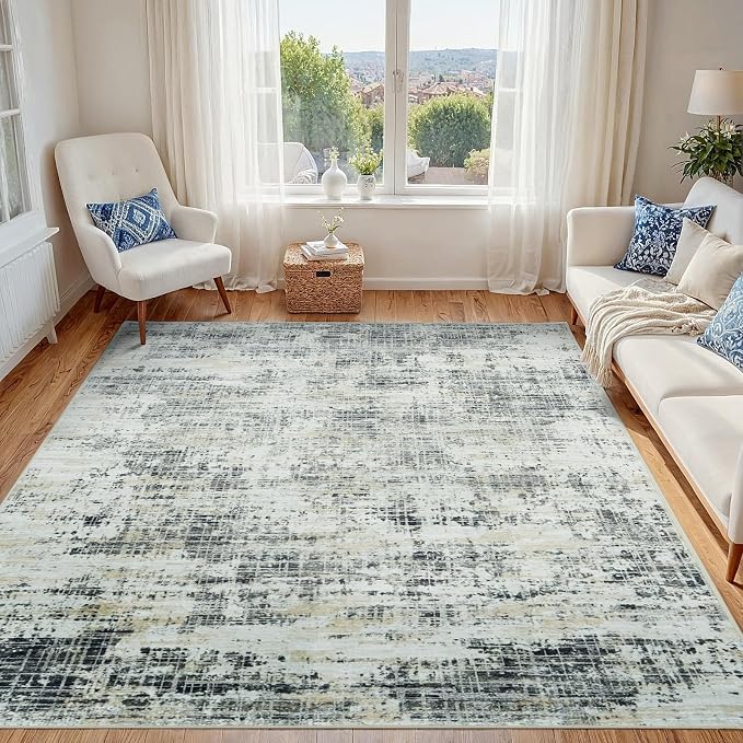 5x7 Washable Area Rug for Living Room Bedroom: Non-Slip Modern Black Gray | Machine Washable TPR Backing, Stain-Resistant Low Pile, Pet & Kid Friendly, Abstract Decor for Dining Room, Dorm, Home Office by Oriannal