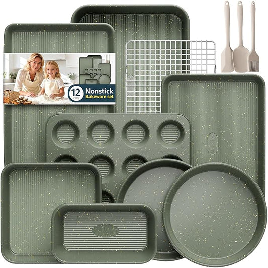 12-Piece Nonstick Baking Set, Non-Toxic Bakeware Set - Ceramic Coated Green | With Baking Sheet, Cake Pan, Square Pan, Loaf Pan, Roasting Pan, Muffin Pan, Cookie Sheet, Cooling Rack & Kitchen Utensilss by SlowSLog