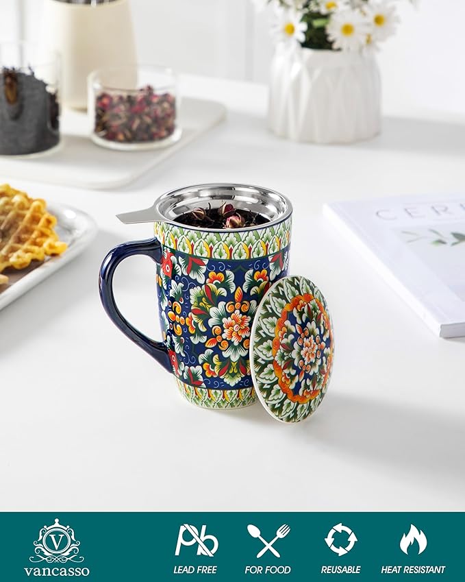 vancasso Ceramic Tea Mug with Infuser and Lid, 18 Ounce Bohemian Loose Leaf Cup, Microwave & Dishwasher Safe, Perfect for Tea, Coffee, Sage-Scarlet Floral - Image 3