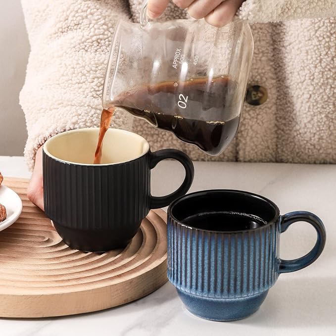 Hasense Navy Coffee Mugs Porcelain Set of 4 with Rack - 12 oz Stackable Coffee Cups Ceramic, Modern Ribbed Latte Cup Sets for Cappuccino, Tea, Espresso, Hot Cocoa, Drinks - Dishwasher & Microwave Safe - Image 6