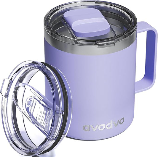 12oz Insulated Coffee Mug with Lid – Includes Two Lids, Stainless Steel Coffee Travel Mug with Handle, Double Wall Vacuum Insulated Camping Mug for Home, Office & Outdoor, Periwinkle Purple by avodvo