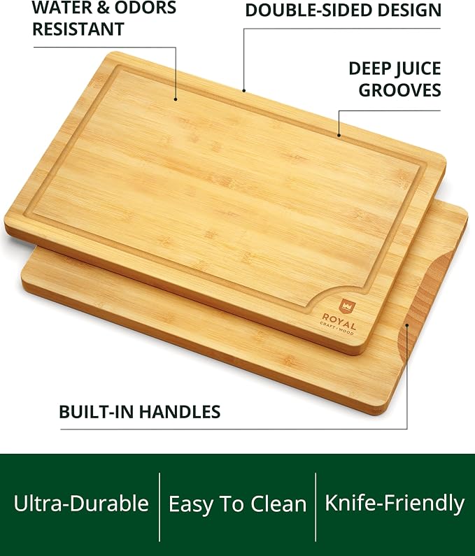 ROYAL CRAFT WOOD Wooden Cutting Boards for Kitchen Meal Prep & Serving - Bamboo Wood Serving Board Set with Deep Juice Groove Side Handles - Charcuterie & Chopping Butcher Block for Meat - Image 2
