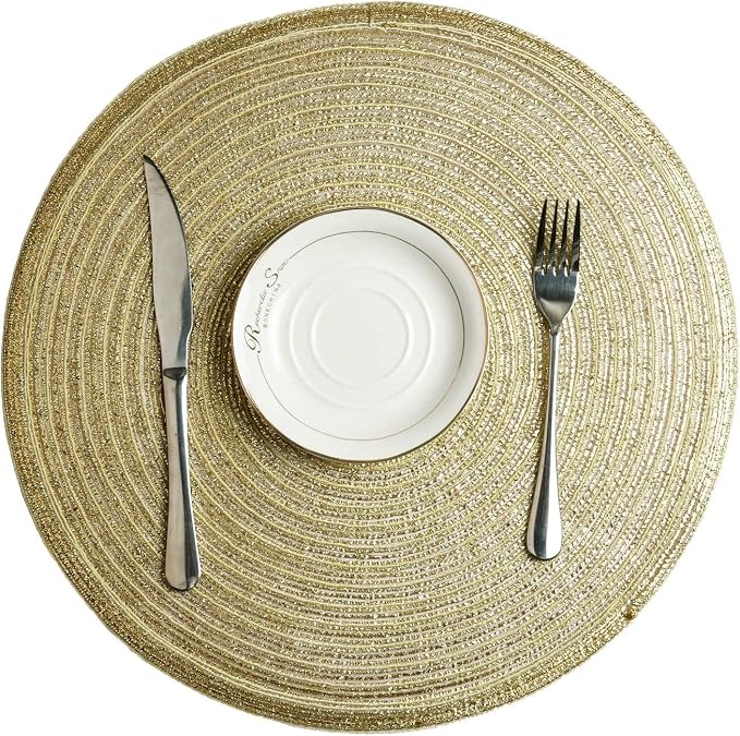 SHACOS Glitter Gold Round Braided Placemats Set of 8 Sparkle Washable 15 inch Round Table Mats Woven Place Mats for Christmas Party Dining Table Decor (Gold, 8) - Image 3