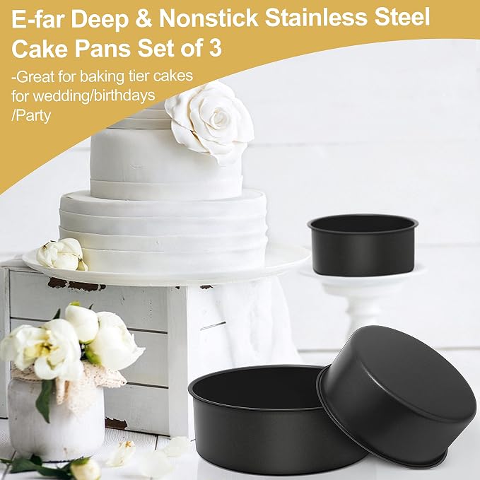 E-far Deep Cake Pan Set of 3 (4/6/8 Inch), Nonstick Stainless Steel Round Cake Pans Tins for Baking Layer Wedding Cakes, Stainless Steel Core & Nontoxic Coating, Deep & Straight Side - Image 7