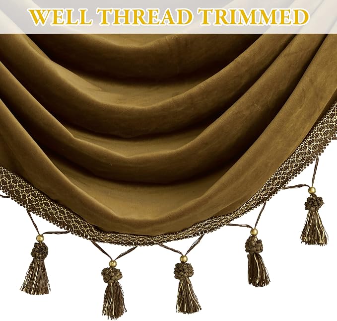 Fall Decor Valance Curtains Gold Brown W39 inches, 1 Panel | Luxury Waterfall Half Window Curtain Tiers, Soft Thick Velvet Fabric, Window Curtain Valance for Kitchen, Bathroom - Image 3