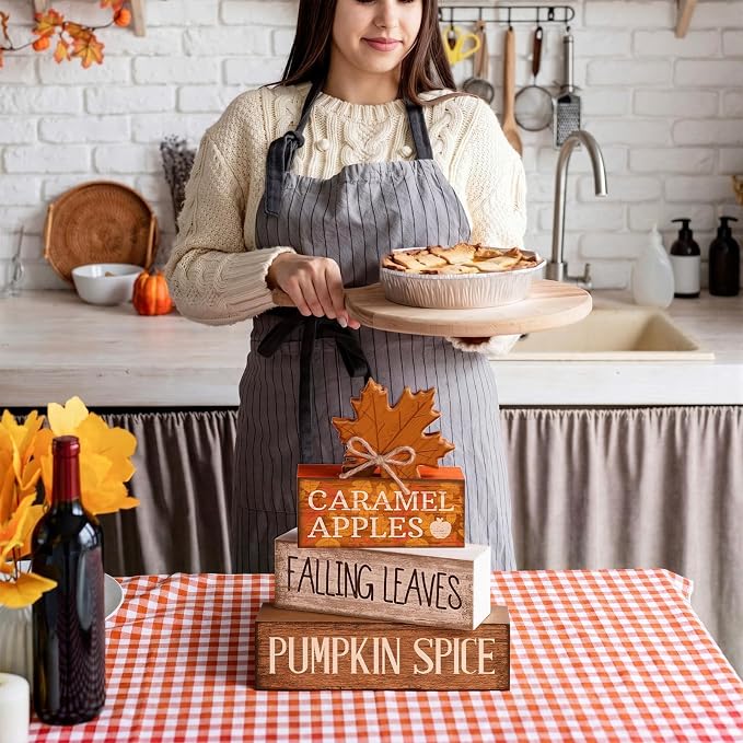 Moucuny 4 Pcs Fall Decor Wooden Maple Leaf Decoration Thanksgiving Tiered Tray Decor Rustic Wooden Maple Leaf Block Signs Thanksgiving Table Centerpiece Farmhouse for Autumn Harvest Party Kitchen Home - Image 7