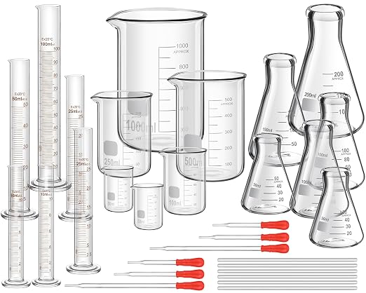 Frienda 30 Pcs 50/100/250/500/1000ml Glass Beaker Set, 3.3 Borosilicate Low Form Griffin Lab Glassware Include Graduated Cylinder, Beaker, Dropper, Stirring Rod, Measuring Cups for Lab Chemistry by Frienda
