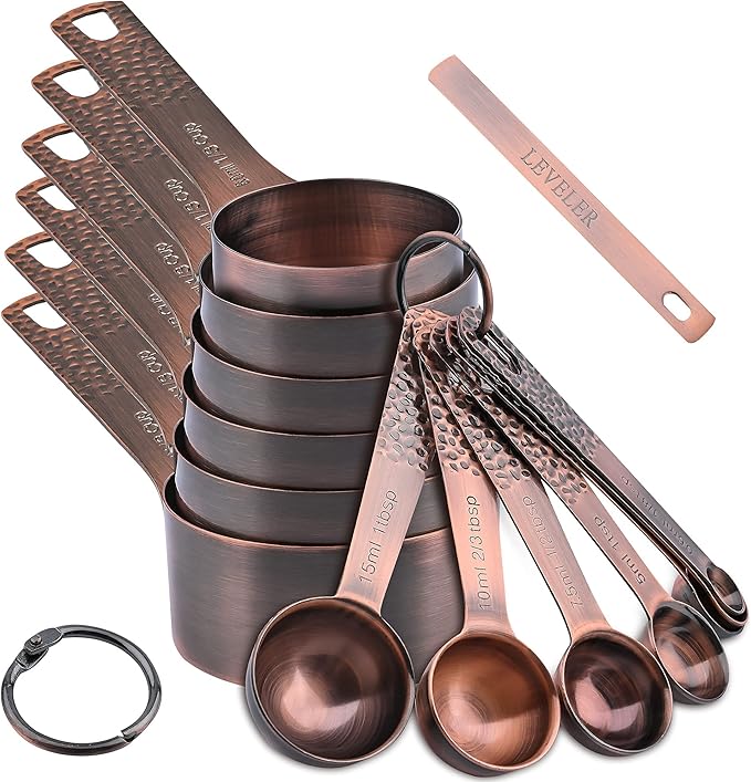 Smithcraft Measuring Cups and Spoons Set 14, Copper Measuring Cups and Spoons Set for Dry & Liquid, Metric & US Stainless Steel 6 Measure Cups and 7 Spoons Set w/Leveler for Kitchen & Baking