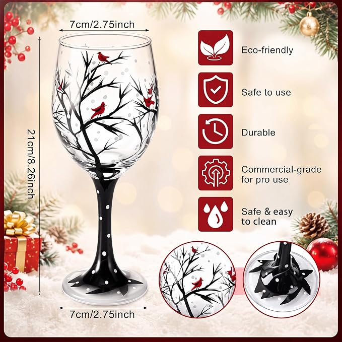 Yungyan Set of 4 Christmas Stemmed Wine Glasses Hand Painted Cardinal Winter Scene 15 oz Holiday Wine Goblets for Festive Dining Table Decor Stemmed Glassware Set for Seasonal Gifting and Party - Image 2