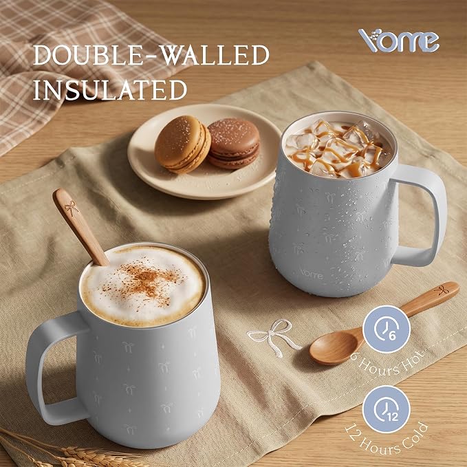 YOME 10oz Bow Grey Insulated Coffee Mug with Handle for Women | Ceramic Lined Coffee Mug with Splash-Resistant Lid| Pure Taste Stainless Steel Coffee Cup | Easy to Clean | Keeps Drinks Cold - Image 3