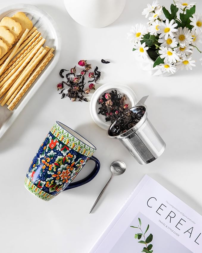 vancasso Ceramic Tea Mug with Infuser and Lid, 18 Ounce Bohemian Loose Leaf Cup, Microwave & Dishwasher Safe, Perfect for Tea, Coffee, Sage-Scarlet Floral - Image 5