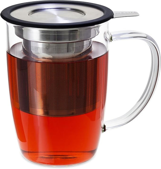 FORLIFE NewLeaf Glass Tea 16-Ounce Mug with Infuser and Lid, Black