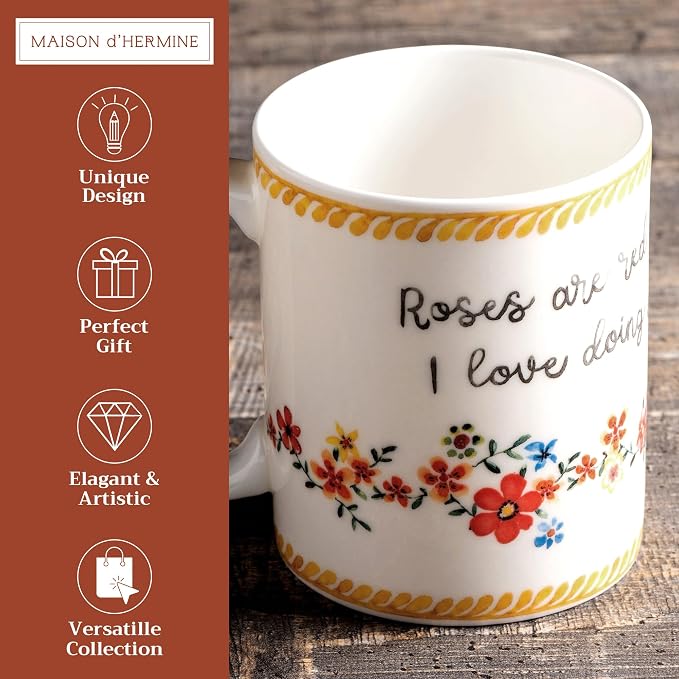 Maison d' Hermine Coffee Mug with Handles Tea Cups (12 Ounce, Pack of 1) | Fine Bone China Coffee Mugs for Hot Beverages Cappuccino Latte Home Spring Summer -Happy Florals - Sweety Roses Are Red - Image 2