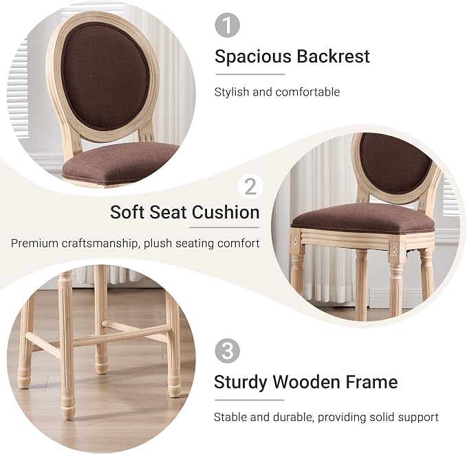 French Country Barstool, Linen Farmhouse Counter Height Chair | Set of 6, with Cushion Round Back and Solid Wood Legs, Oval Chairs for Restaurant, Bar, Kitchen, Café, Brown - Image 4