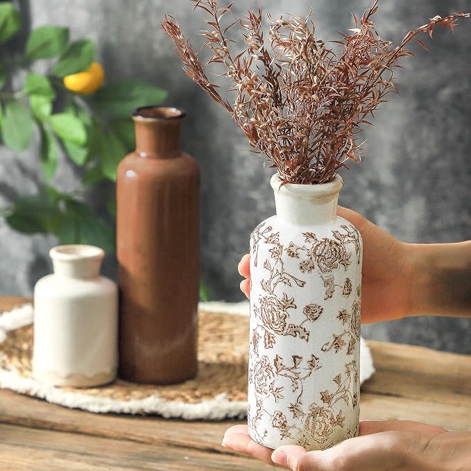 Vintage Vase Set of 3, Ceramic Vintage Flower Vases, Chinoiserie Decorative Home Decor Retro Floral Vase Rustic Farmhouse Decor for Table Bookshelf Mantel Kitchen Living Room Office - Brown - Image 3