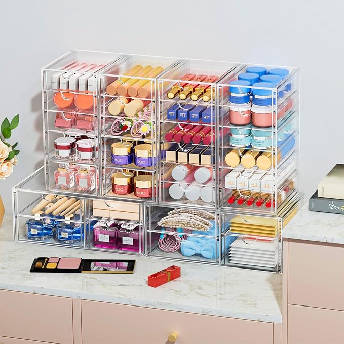 2 Pack Desk Organizers, Makeup Organizer Storage with 7 Drawers, Desktop Office Supplies, Clear Desk Accessories, Dustproof Drawer Organizer and Storage for Make Up, Jewelry, Pen