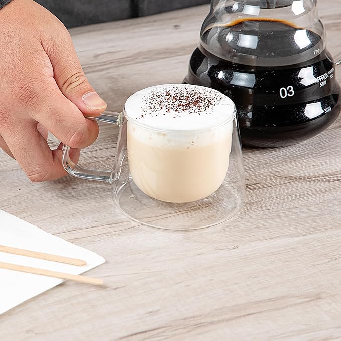 Restaurantware-Forma Professional 6.8 Ounce Double Wall Coffee Mugs, 2 Insulated Coffee Mugs With Handle - Dishwashable, Reusable, Clear Glass Beverage Cups, Freezable, For Hot Or Cold Beverages