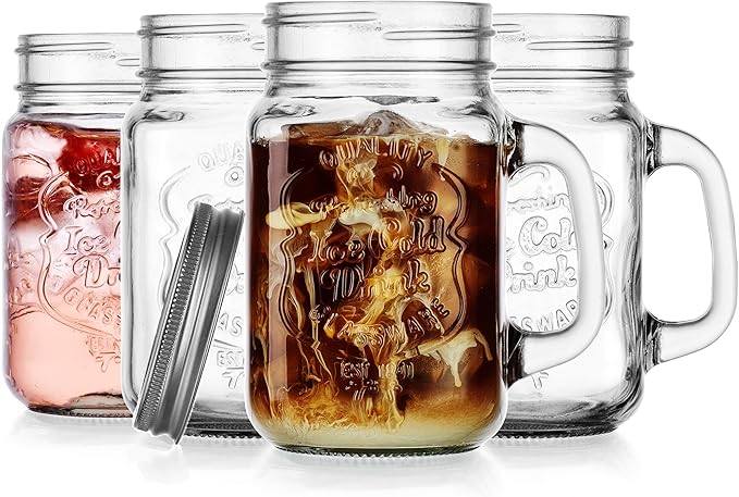 Glaver's Mason Drinking Jars – Set of 4, 15.25 Oz Clear Glass Jar with Handle and Lid. – Ice-Cold Drink Glassware Logo – Glass Mugs Ideal for Cold Beverages, Juice, Smoothie, Cocktails. by Glavers
