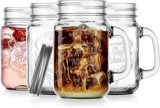 Glaver's Mason Drinking Jars – Set of 4, 15.25 Oz Clear Glass Jar with Handle and Lid. – Ice-Cold Drink Glassware Logo – Glass Mugs Ideal for Cold Beverages, Juice, Smoothie, Cocktails. by Glavers