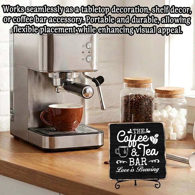 Coffee Bar Sign, Love is Brewing Farmhouse Tabletop Decor, Coffee and Tea Lover Gifts, 5x5 Wood Plaque with Iron Stand for Home Kitchen Cafe, Coffee Bar Decor – L01 - Image 4