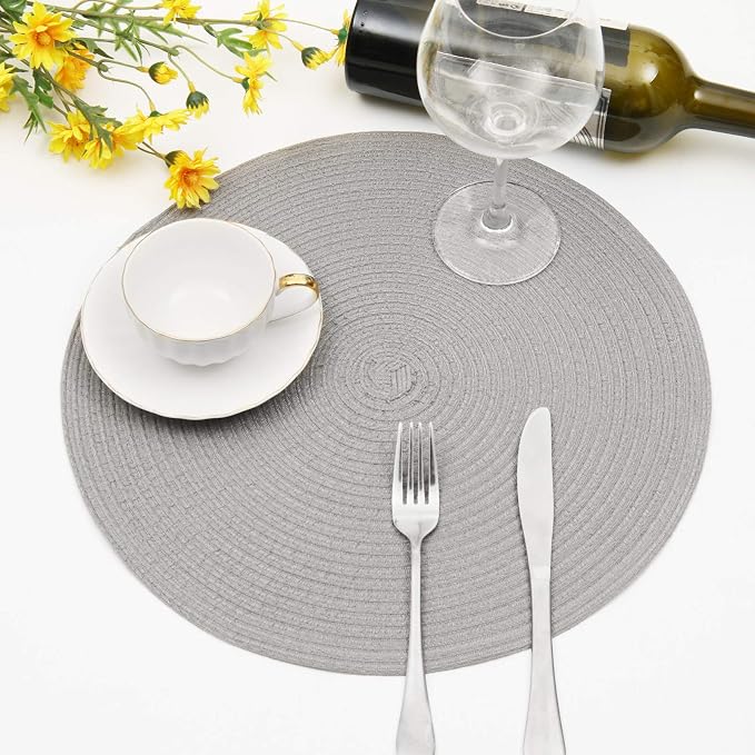 SHACOS Round Braided Placemats Set of 8 Washable Fabric Heat Resistant 15 inch Grey Round Table Mats for Dining Tables (Gray, 8) - Image 7