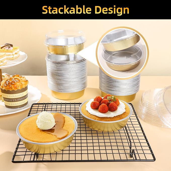 Beasea Mini Pie Tins with Lids, 120 Pack 4 Inch 8oz Disposable Creme Brulee Ramekins Golden Mini Small Aluminum Foil Pie Tart Cake Baking Pans Individual Round Containers Oven Safe for Baking - Image 6