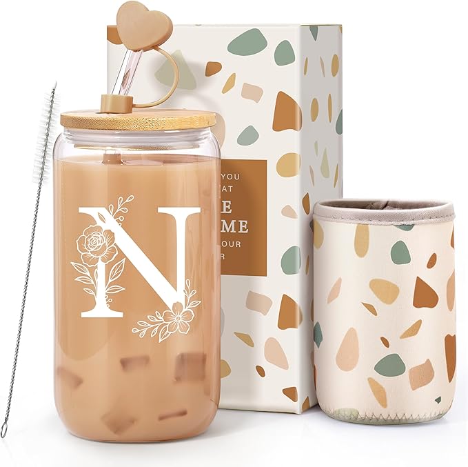 Personalized Gifts for Women, Monogrammed Gifts for Women, Initial 16 oz Glass Cups With Lids and Straws, Customized Mug, Personalized Birthday Gifts Christmas Gifts for Her Mom Friend Woman, N
