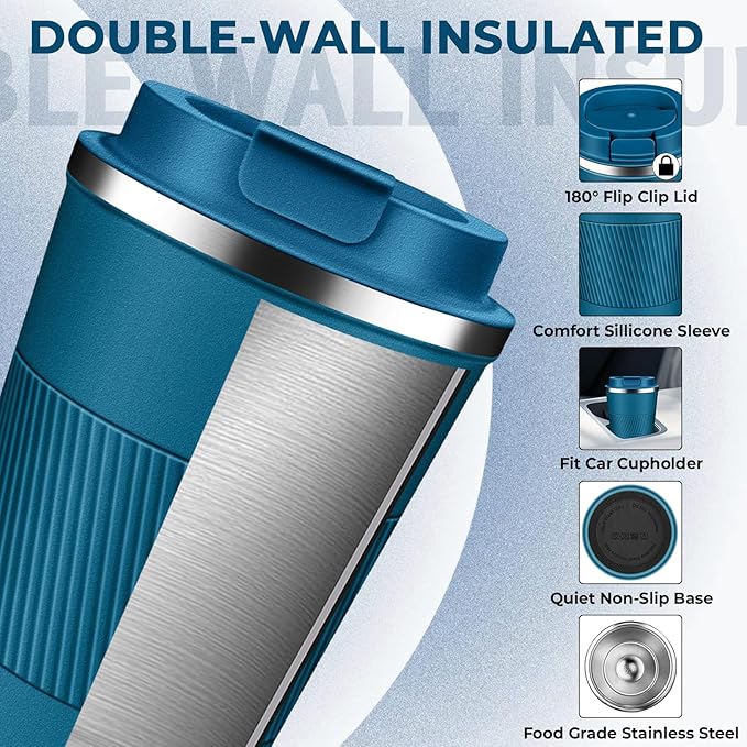 Insulated Coffee Tumbler 12 oz, Stainless Steel Coffee Mug with Lids, Travel Coffee Mug Leak Proof, Double Wall Vacuum Insulated Reusable Coffee Cup, Keep Drinks Hot and Cold (Deep Teal, 12 Ounces) - Image 4