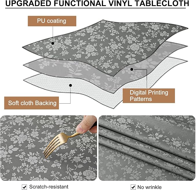 Smiry Rectangle Waterproof Heavy Duty Vinyl Tablecloths, 60 x 140 Inch | Wipeable Washable Floral Embossed Table Cover for Kitchen and Dining Room, Indoor & Outdoor Use, Grey - Image 3