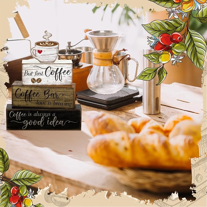Moucuny 4 Pcs Wooden Coffee Bar Tabletop Decor Coffee Tiered Tray Decor Rustic Wood Bar Sign Gift Farmhouse Table Centerpiece Farmhouse Decorations for Home Kitchen - Image 5