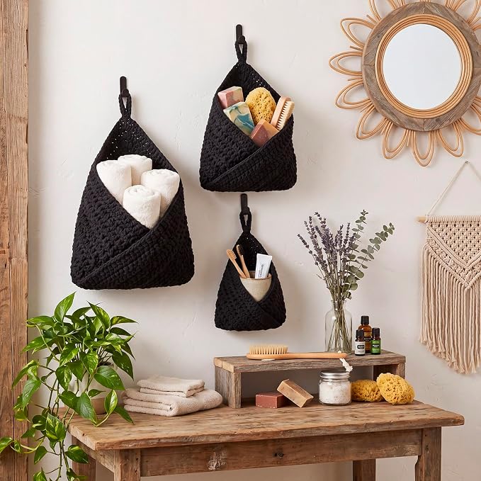 Honeydak Boho Decor Hanging Wall Baskets for Kitchen 3 Pack Teardrop Baskets with Hooks Storage Fruit Onion Vegetable Potato for Home 3 Sizes(Black,Triangle,Cotton Rope) - Image 4
