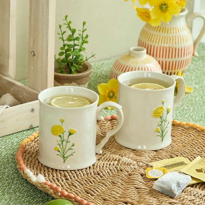 Ceramic coffee Mugs, Set of 1 Yellow Flower - 16oz, Hand-Painted, Microwave heating and dishwasher cleaning available, Ideal for Daily Brews - Image 7