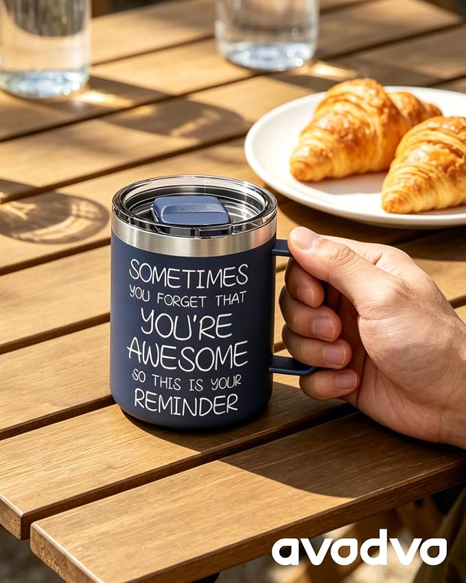 Inspirational Coffee Mug for Men, 12oz Insulated Stainless Steel Mug with Handle & 2 Lids – Sometimes You Forget You’re Awesome, Birthday & Appreciation Gift for Dad, Husband, Him, Navy Blue - Image 5