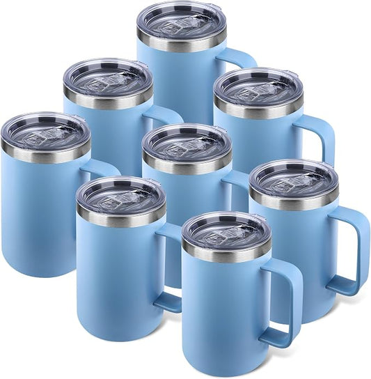 22oz Insulated Coffee Mug with Handle & Leak-Proof Lid - Double Wall Stainless Steel Travel Tumbler Bulk for Commute/Office/Home, Blue, 8 Pack by Unknown