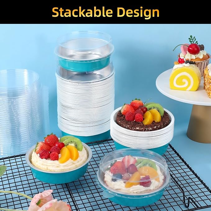 Beasea Disposable Mini Pie Tins with Lids, 120 Pack 7.3oz Blue Green Aluminum Foil Ramekins Small Pie Tart Tin Pans Cake Baking Cups Round Individual Tart Cheesecake Containers for Party Wedding - Image 5